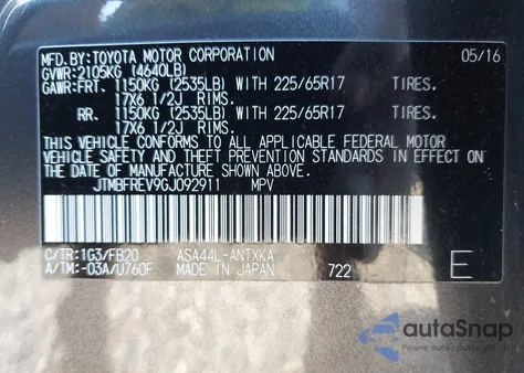 2016 Toyota Rav4 Le из США, поврежденный, VIN JTMBFREV9GJ092911